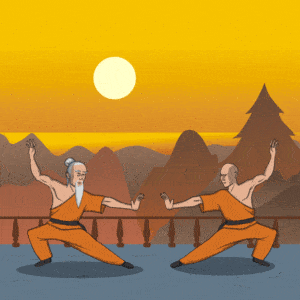 Two monks fighting through martial arts