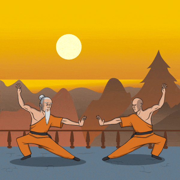 Two monks fighting through martial arts