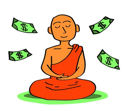 Monk sitting peacefully with money floating around